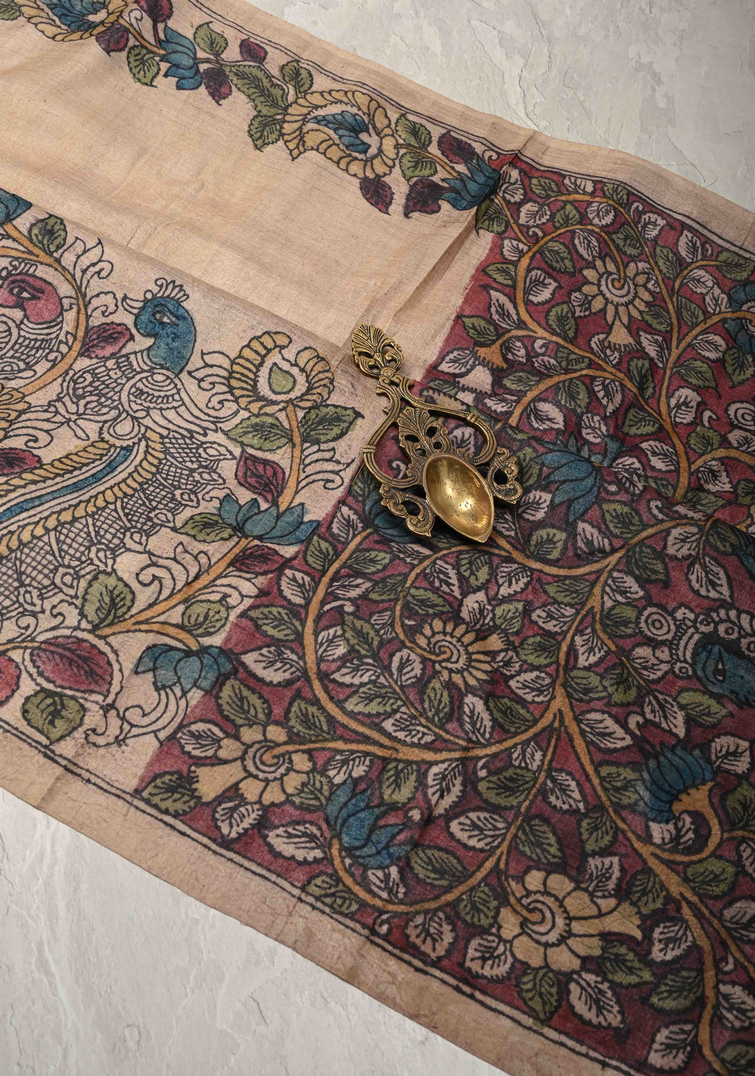 Apsara and Peacock Theme : Authentic Pen Kalamkari on Pure Tussar Silk Saree | SILK MARK CERTIFIED