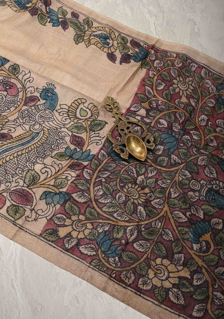 Apsara and Peacock Theme : Authentic Pen Kalamkari on Pure Tussar Silk Saree | SILK MARK CERTIFIED