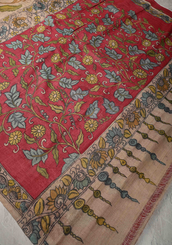 Tussar Silk Saree with Authentic Pe Kalamkari Floral Jaal  | SILK MARK CERTIFIED