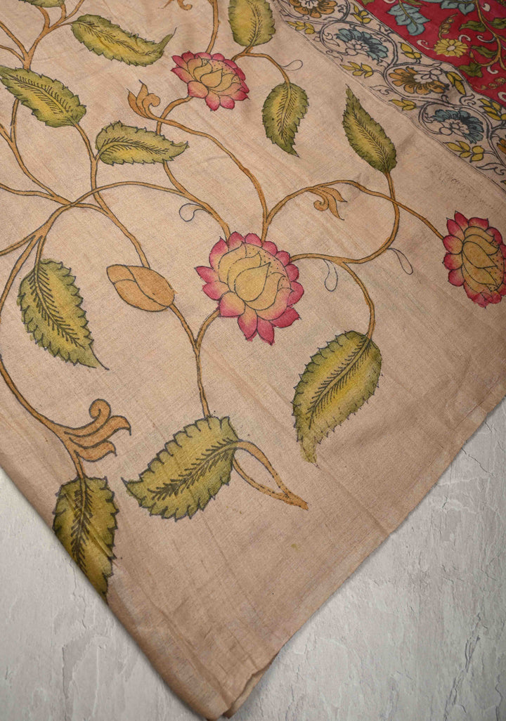 Tussar Silk Saree with Authentic Pe Kalamkari Floral Jaal  | SILK MARK CERTIFIED