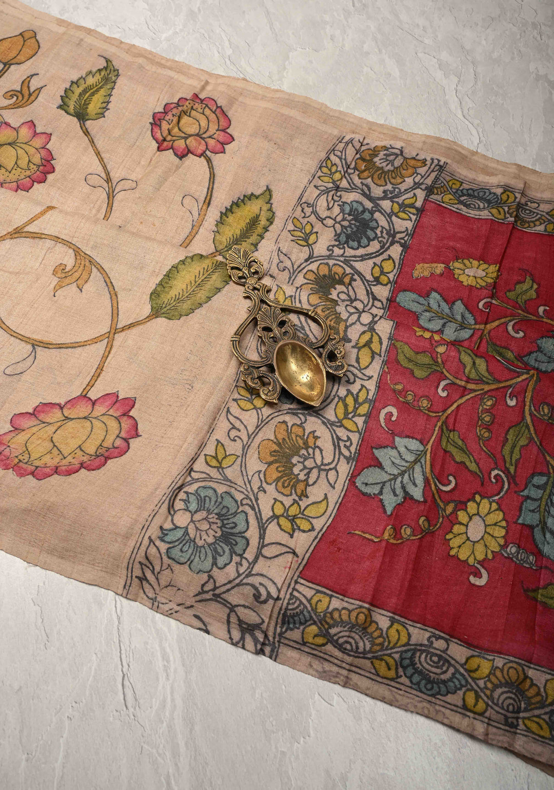 Tussar Silk Saree with Authentic Pe Kalamkari Floral Jaal  | SILK MARK CERTIFIED