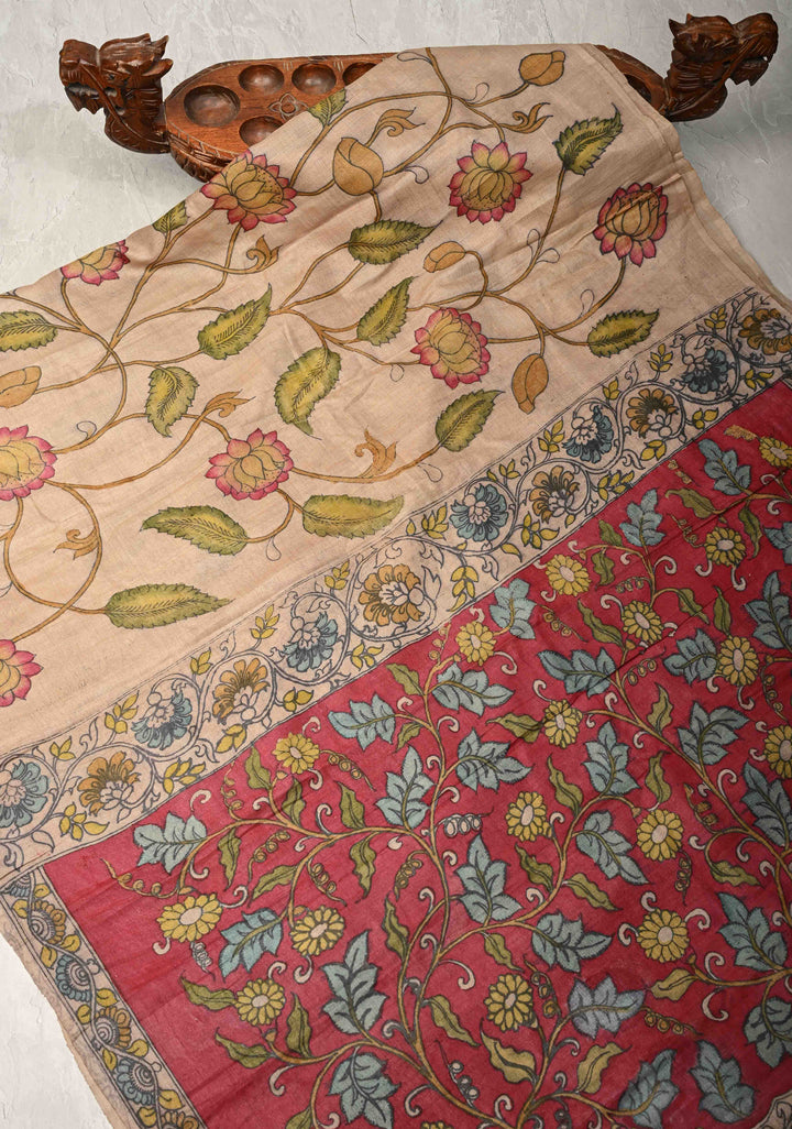 Tussar Silk Saree with Authentic Pe Kalamkari Floral Jaal  | SILK MARK CERTIFIED