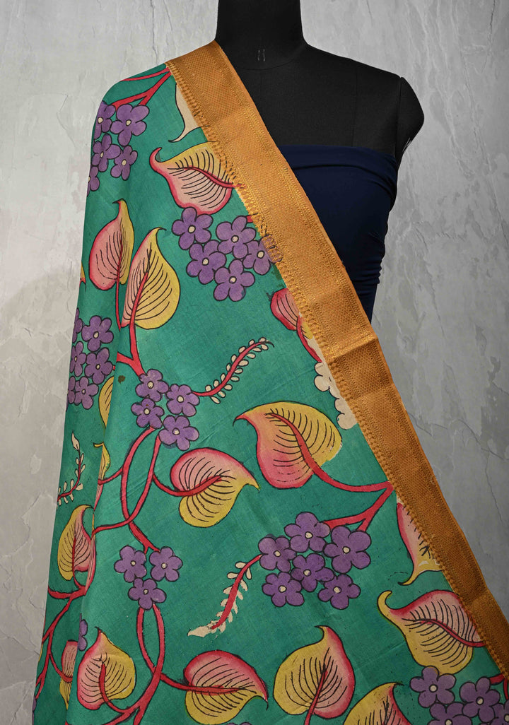 DUPATTA : Rama Green Authentic Pen Kalamkari on Mangalagiri Silk Cotton Dupatta with Floral Theme
