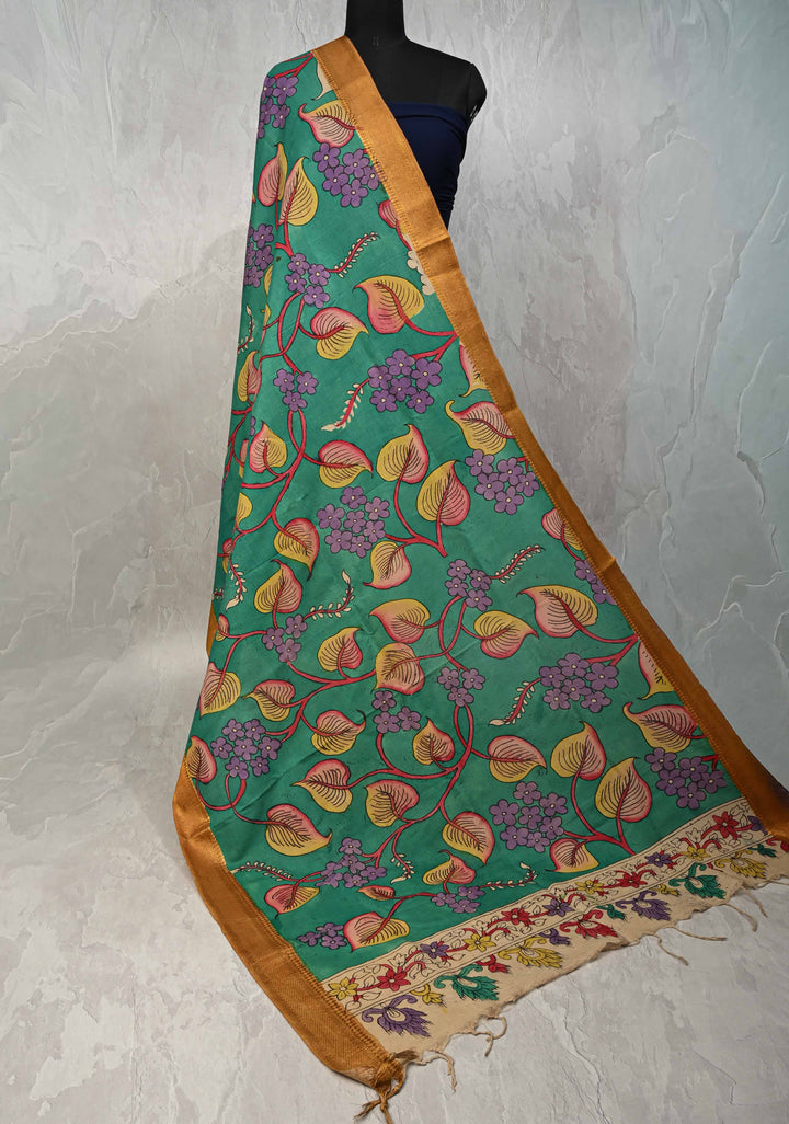 DUPATTA : Rama Green Authentic Pen Kalamkari on Mangalagiri Silk Cotton Dupatta with Floral Theme