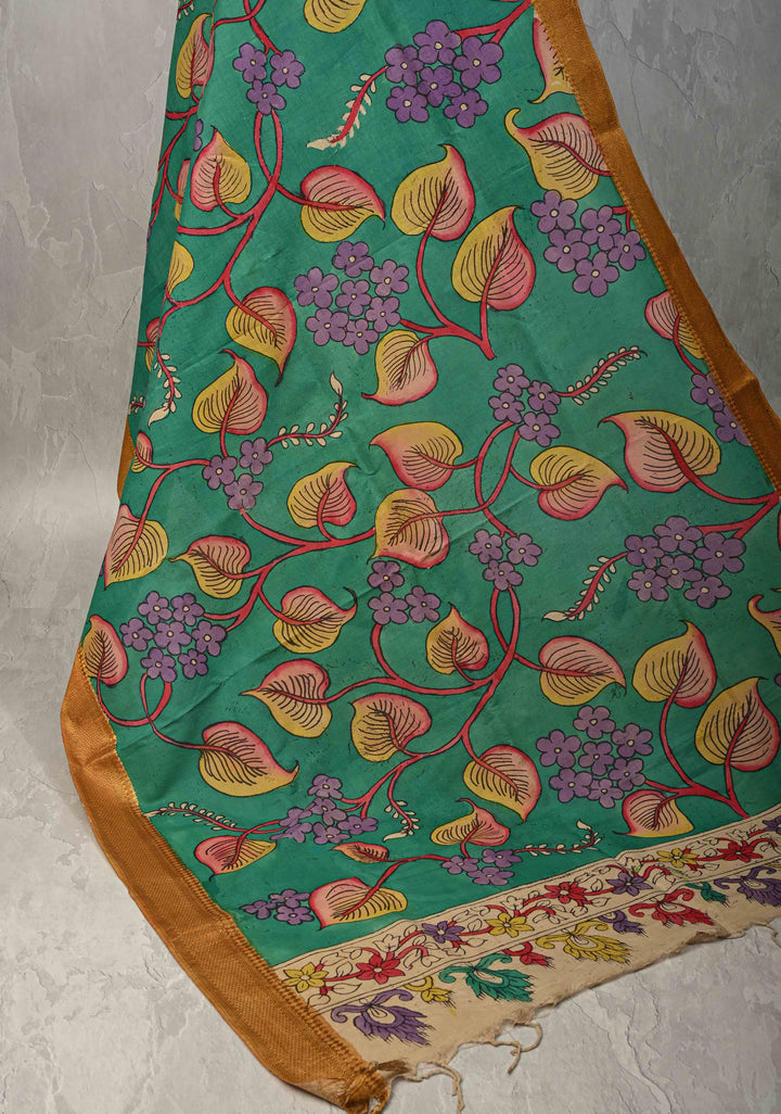 DUPATTA : Rama Green Authentic Pen Kalamkari on Mangalagiri Silk Cotton Dupatta with Floral Theme