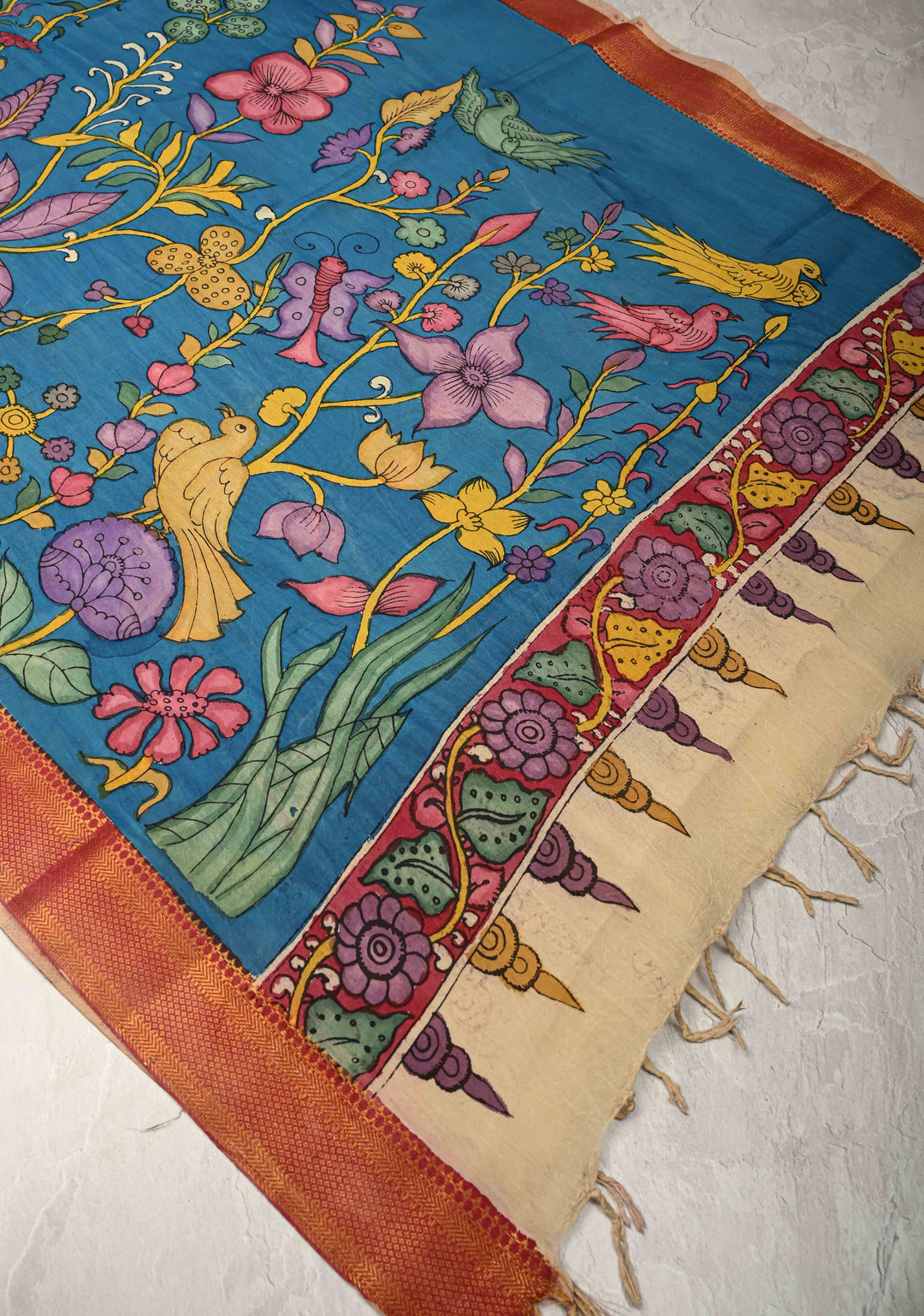 DUPATTA : Cobalt Blue Authentic Pen Kalamkari on Mangalagiri Silk Cotton Dupatta with Floral and Birds Theme