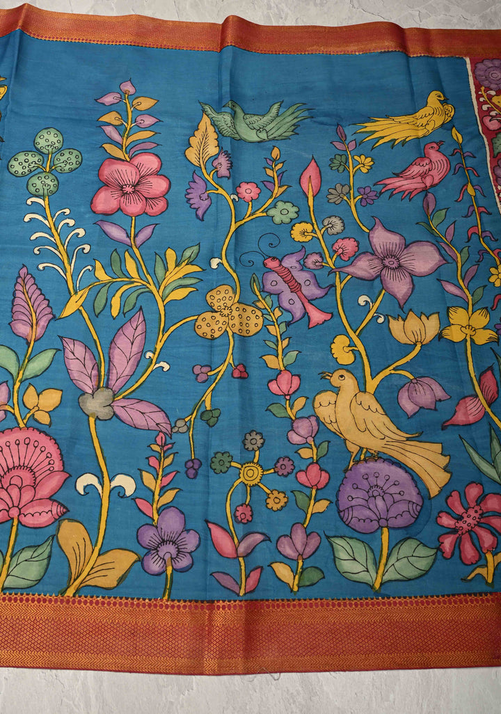DUPATTA : Cobalt Blue Authentic Pen Kalamkari on Mangalagiri Silk Cotton Dupatta with Floral and Birds Theme