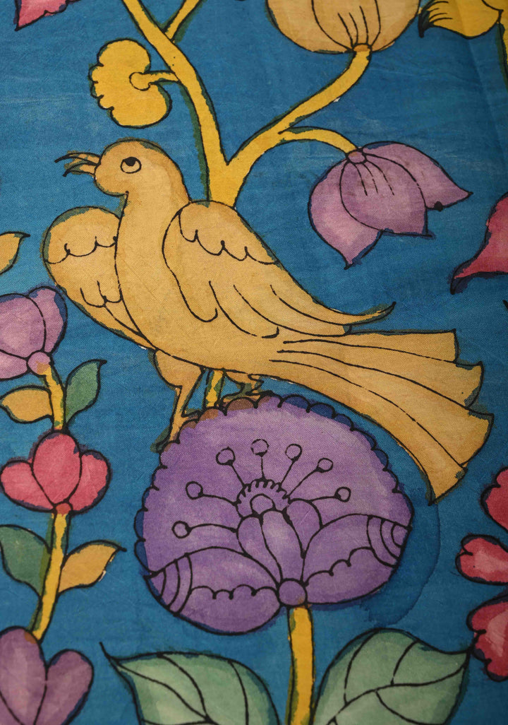DUPATTA : Cobalt Blue Authentic Pen Kalamkari on Mangalagiri Silk Cotton Dupatta with Floral and Birds Theme