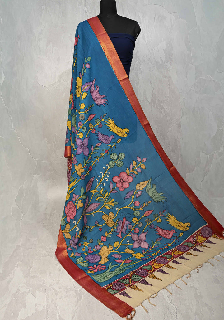 DUPATTA : Cobalt Blue Authentic Pen Kalamkari on Mangalagiri Silk Cotton Dupatta with Floral and Birds Theme