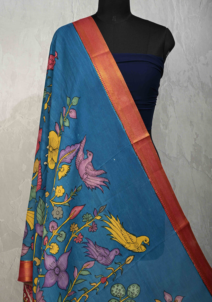 DUPATTA : Cobalt Blue Authentic Pen Kalamkari on Mangalagiri Silk Cotton Dupatta with Floral and Birds Theme