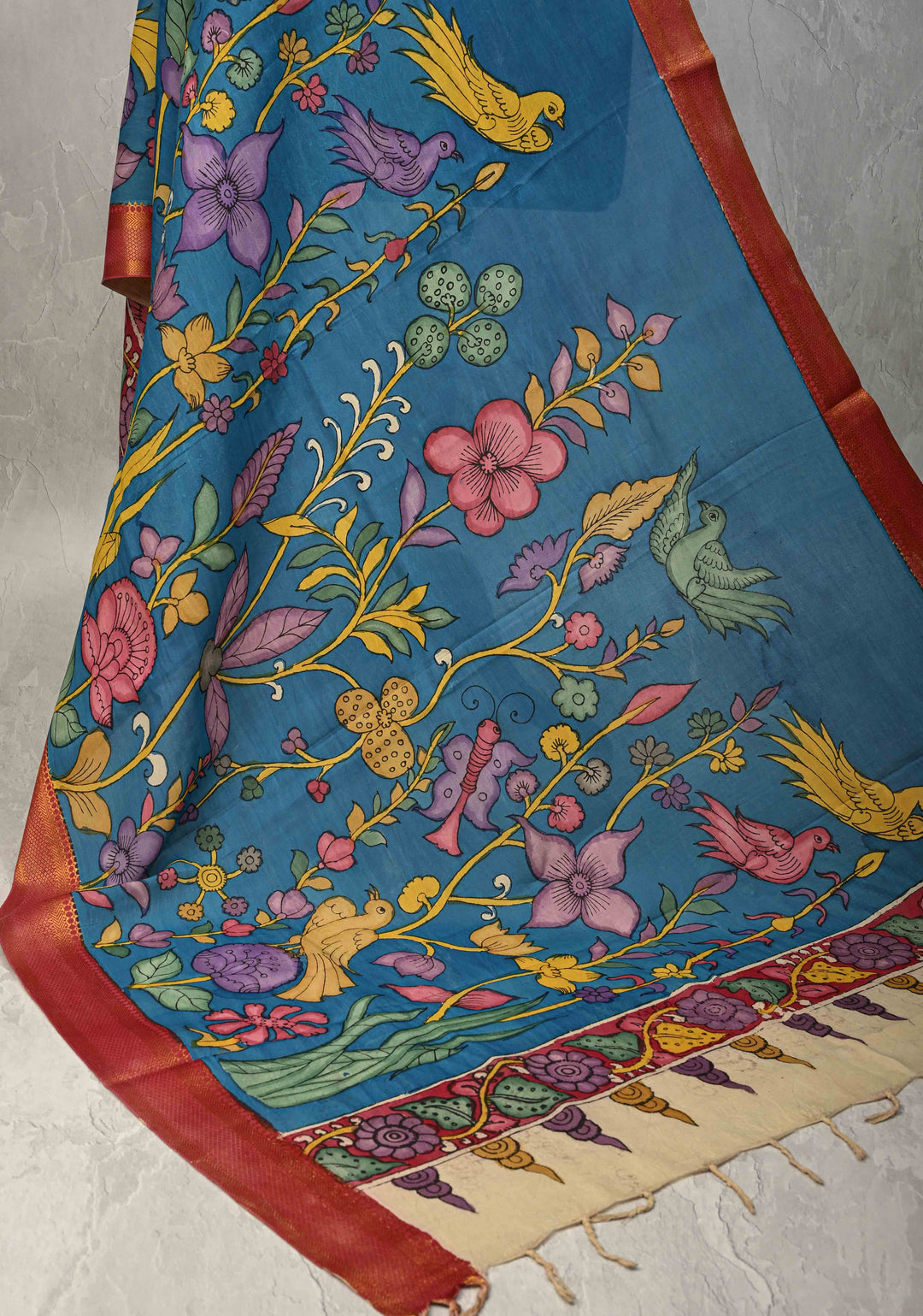 DUPATTA : Cobalt Blue Authentic Pen Kalamkari on Mangalagiri Silk Cotton Dupatta with Floral and Birds Theme