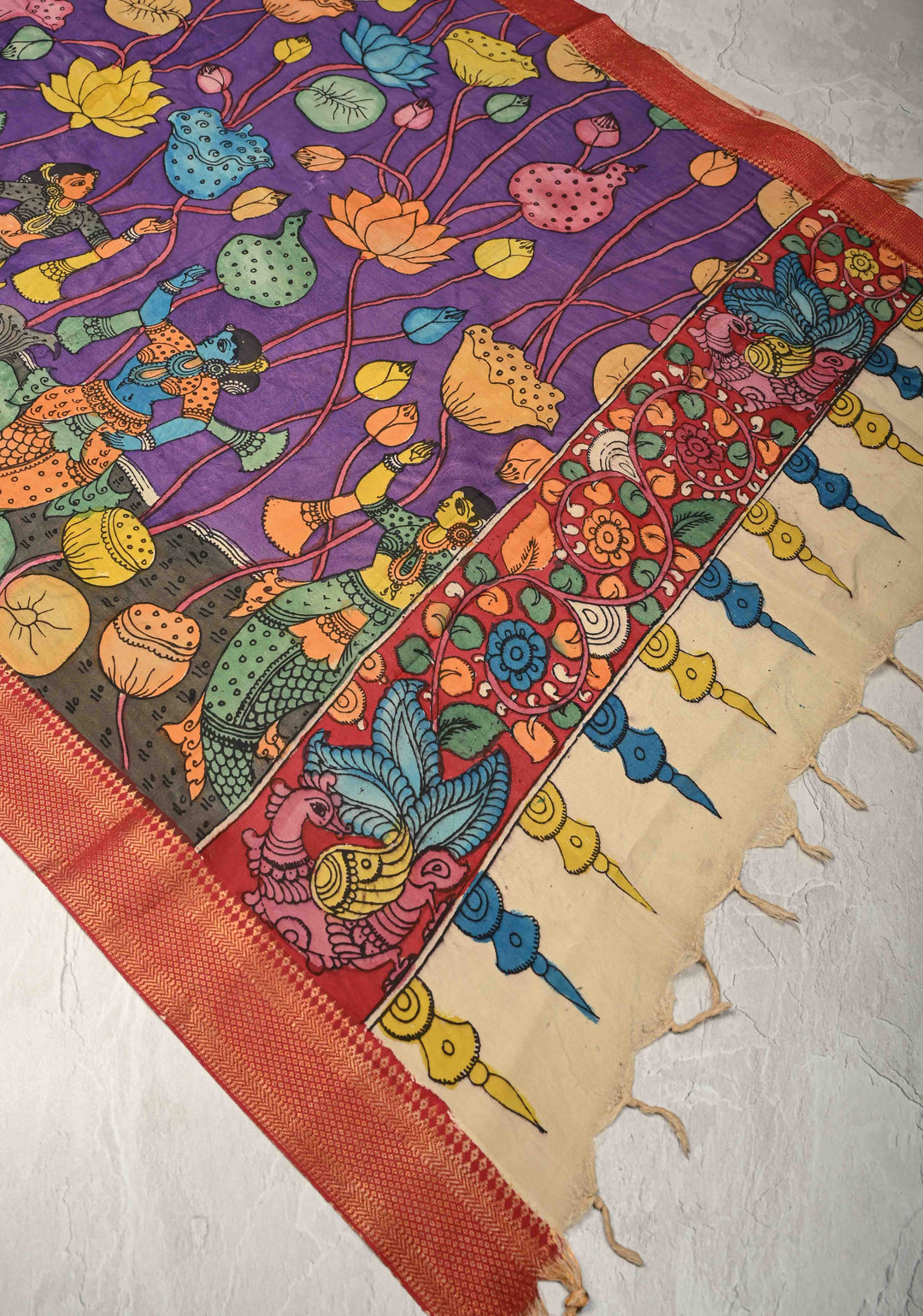 DUPATTA : Purple Authentic Pen Kalamkari on Mangalagiri Silk Cotton Dupatta with Matsyakanya and Floral Theme