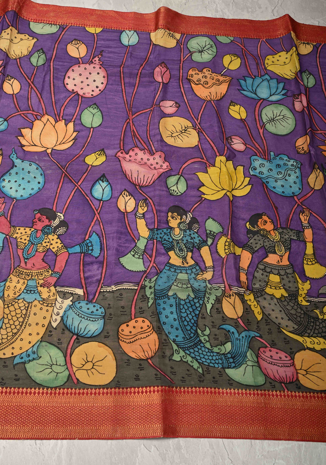 DUPATTA : Purple Authentic Pen Kalamkari on Mangalagiri Silk Cotton Dupatta with Matsyakanya and Floral Theme