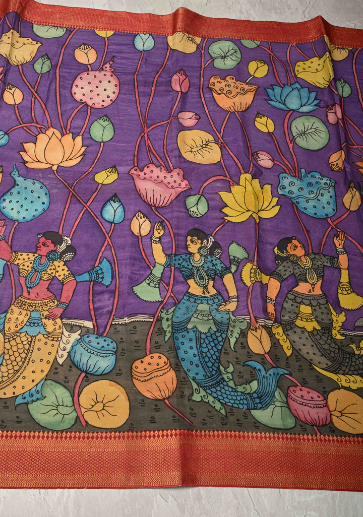 DUPATTA : Purple Authentic Pen Kalamkari on Mangalagiri Silk Cotton Dupatta with Matsyakanya and Floral Theme