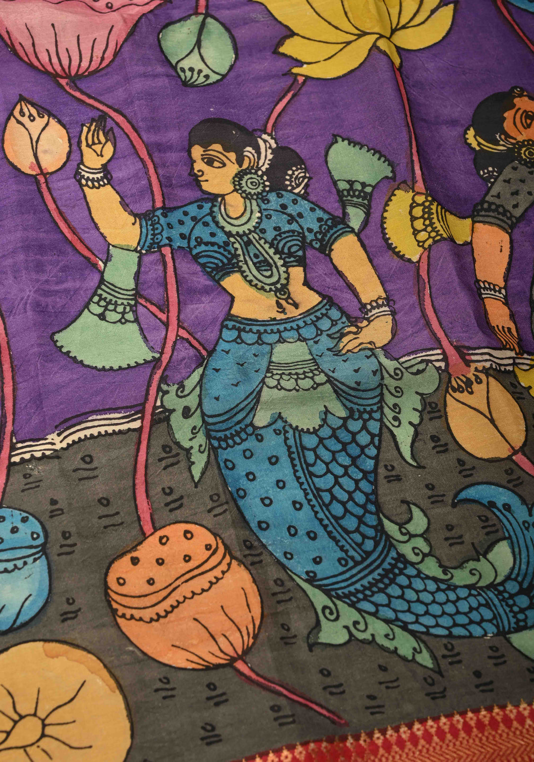 DUPATTA : Purple Authentic Pen Kalamkari on Mangalagiri Silk Cotton Dupatta with Matsyakanya and Floral Theme