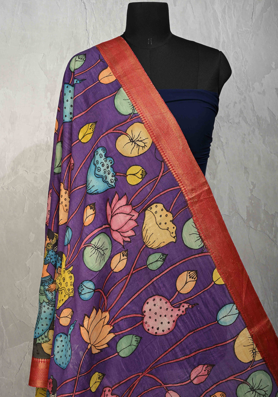 DUPATTA : Purple Authentic Pen Kalamkari on Mangalagiri Silk Cotton Dupatta with Matsyakanya and Floral Theme