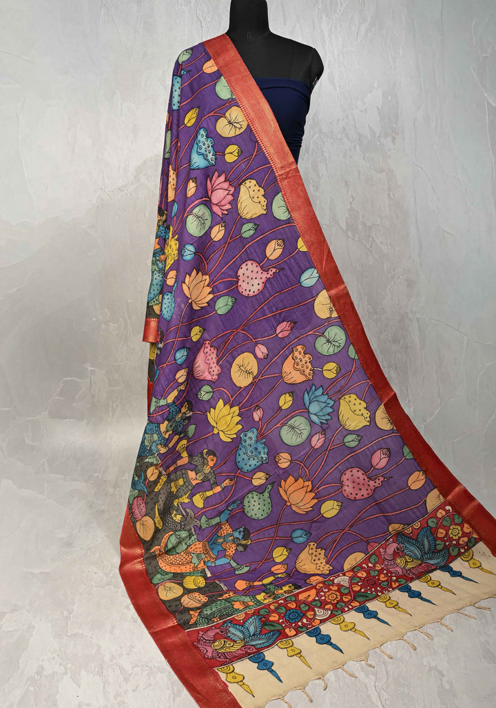 DUPATTA : Purple Authentic Pen Kalamkari on Mangalagiri Silk Cotton Dupatta with Matsyakanya and Floral Theme