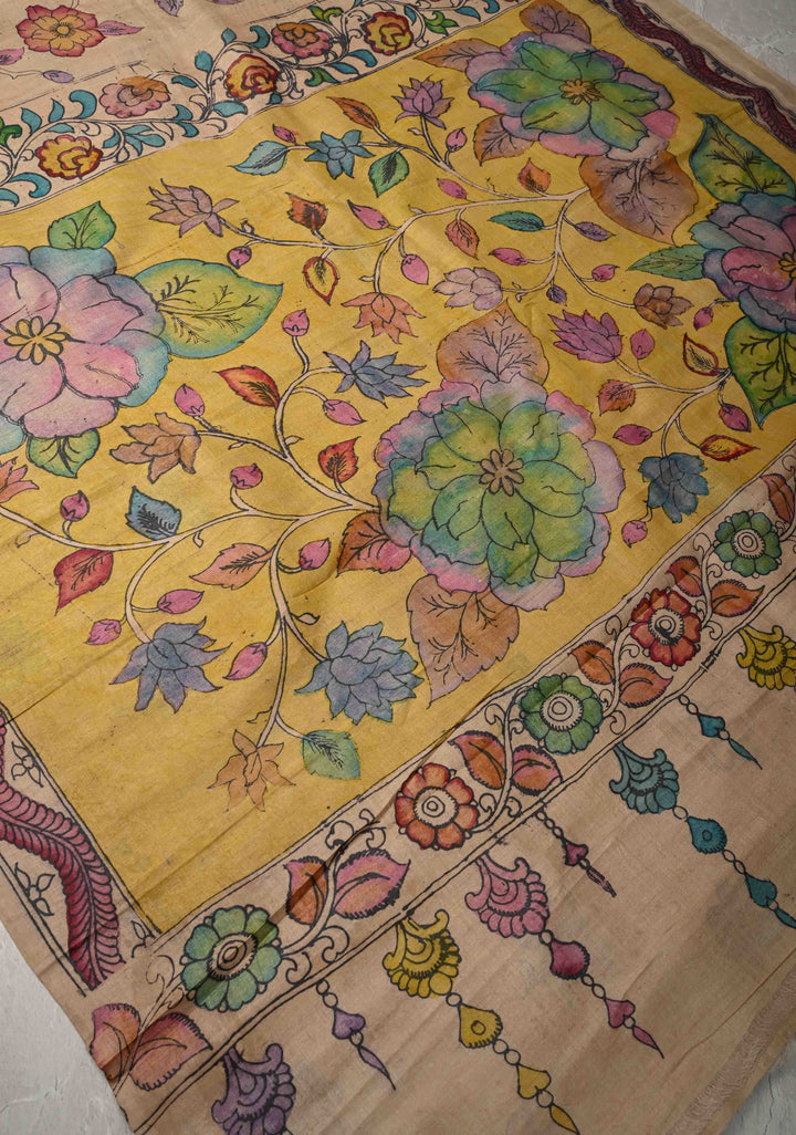 Shaded Floral Theme : Authentic Pen Kalamkari on Pure Tussar Silk Saree  | SILK MARK CERTIFIED