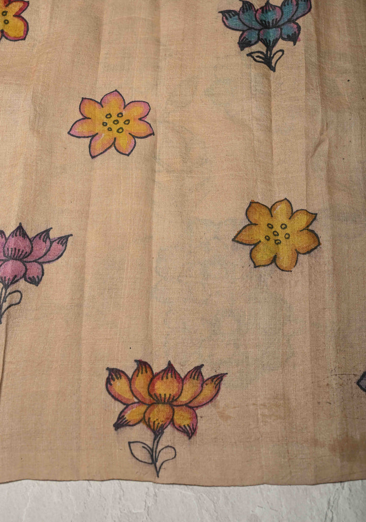 Shaded Floral Theme : Authentic Pen Kalamkari on Pure Tussar Silk Saree  | SILK MARK CERTIFIED
