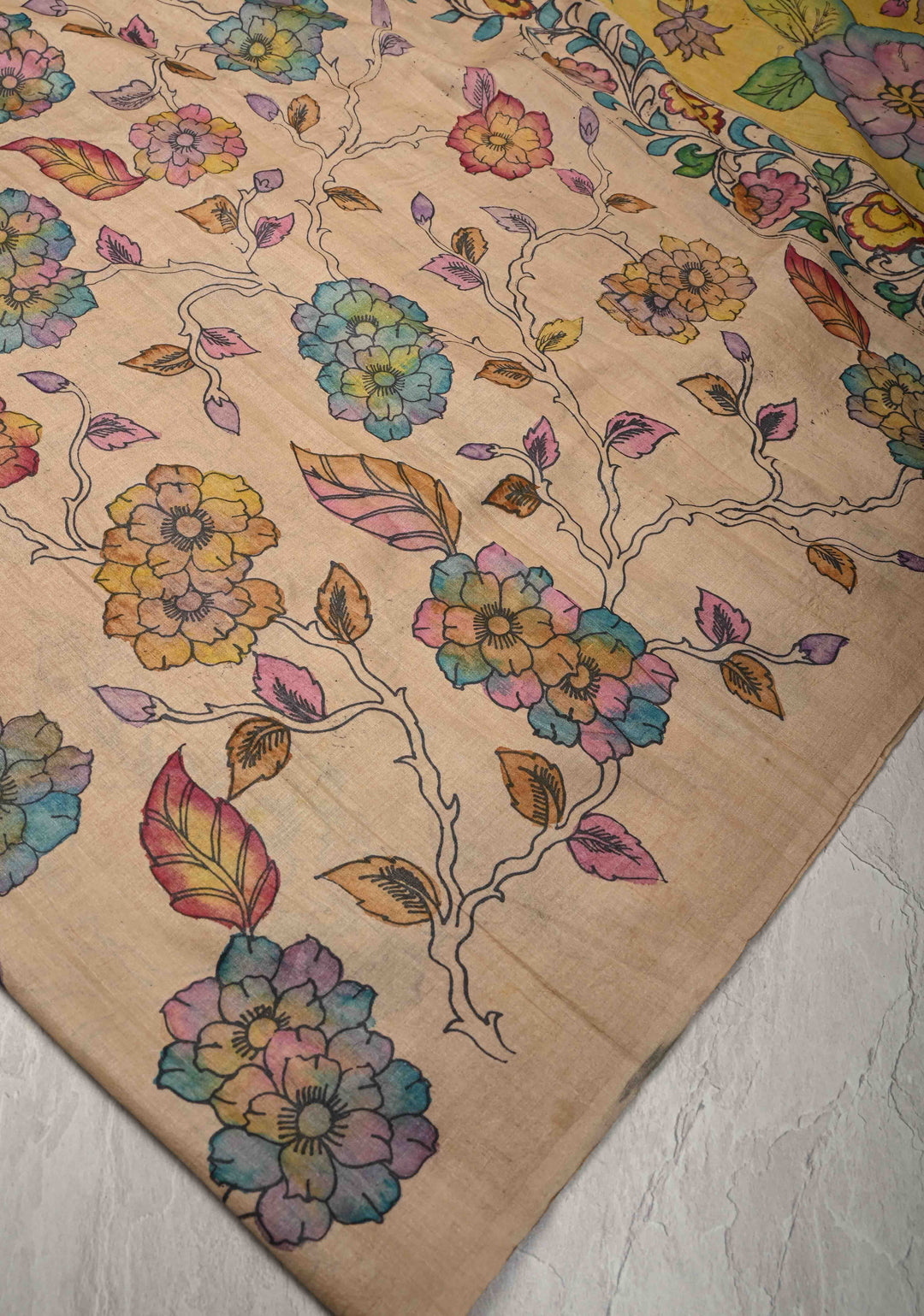 Shaded Floral Theme : Authentic Pen Kalamkari on Pure Tussar Silk Saree  | SILK MARK CERTIFIED
