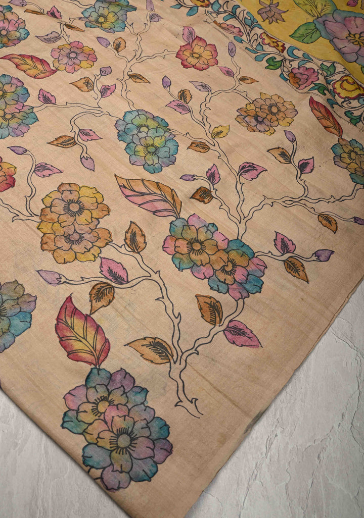 Shaded Floral Theme : Authentic Pen Kalamkari on Pure Tussar Silk Saree  | SILK MARK CERTIFIED