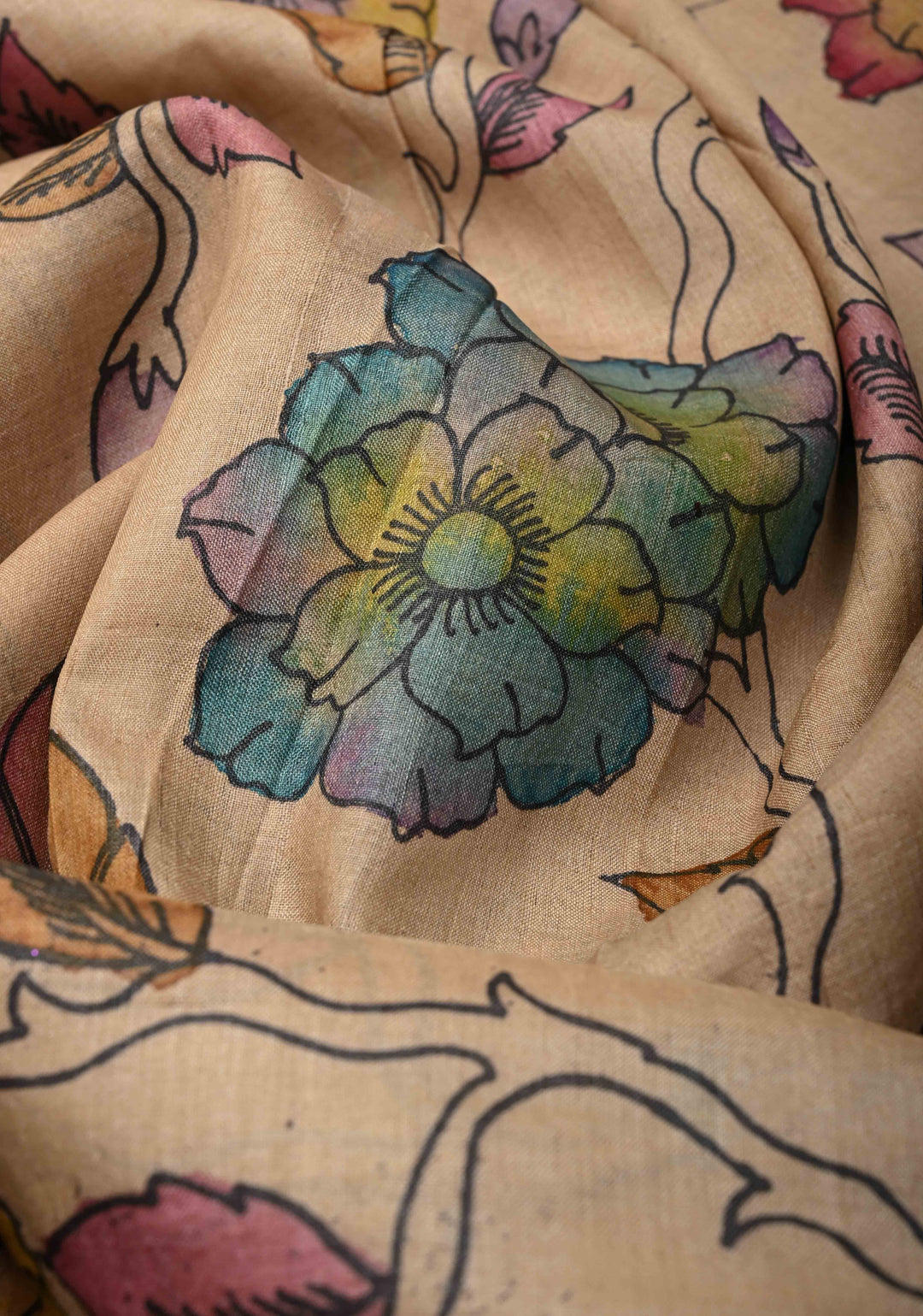 Shaded Floral Theme : Authentic Pen Kalamkari on Pure Tussar Silk Saree  | SILK MARK CERTIFIED