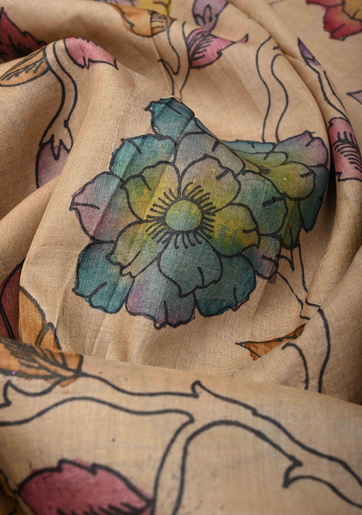 Shaded Floral Theme : Authentic Pen Kalamkari on Pure Tussar Silk Saree  | SILK MARK CERTIFIED