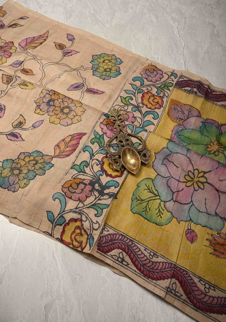 Shaded Floral Theme : Authentic Pen Kalamkari on Pure Tussar Silk Saree  | SILK MARK CERTIFIED