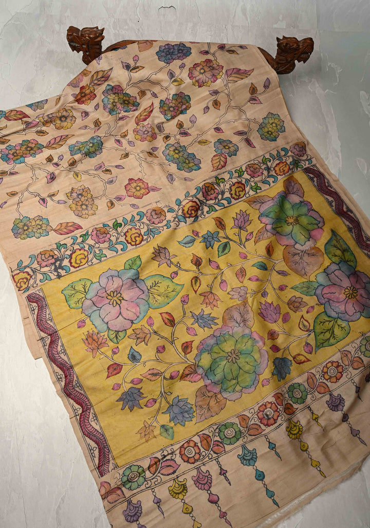 Shaded Floral Theme : Authentic Pen Kalamkari on Pure Tussar Silk Saree  | SILK MARK CERTIFIED