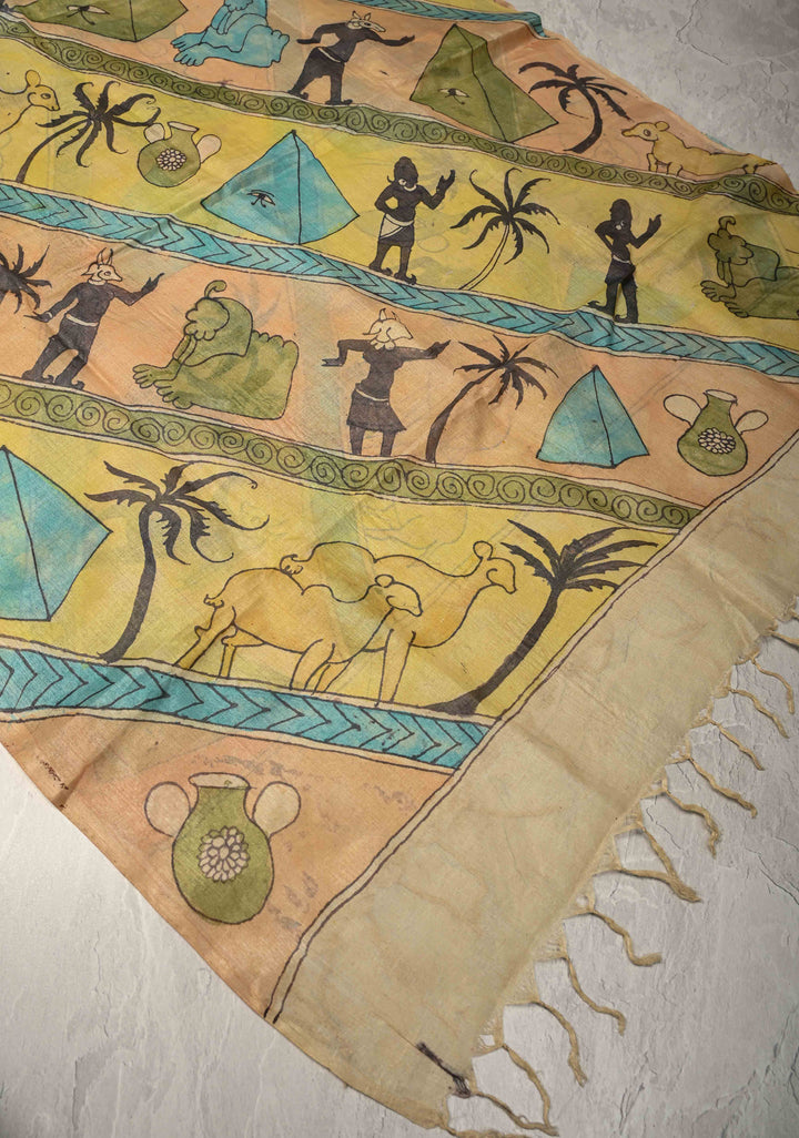 DUPATTA : Pyramids of Giza Authentic Pen Kalamkari on Pure Light Weight Tussar Silk Dupatta with