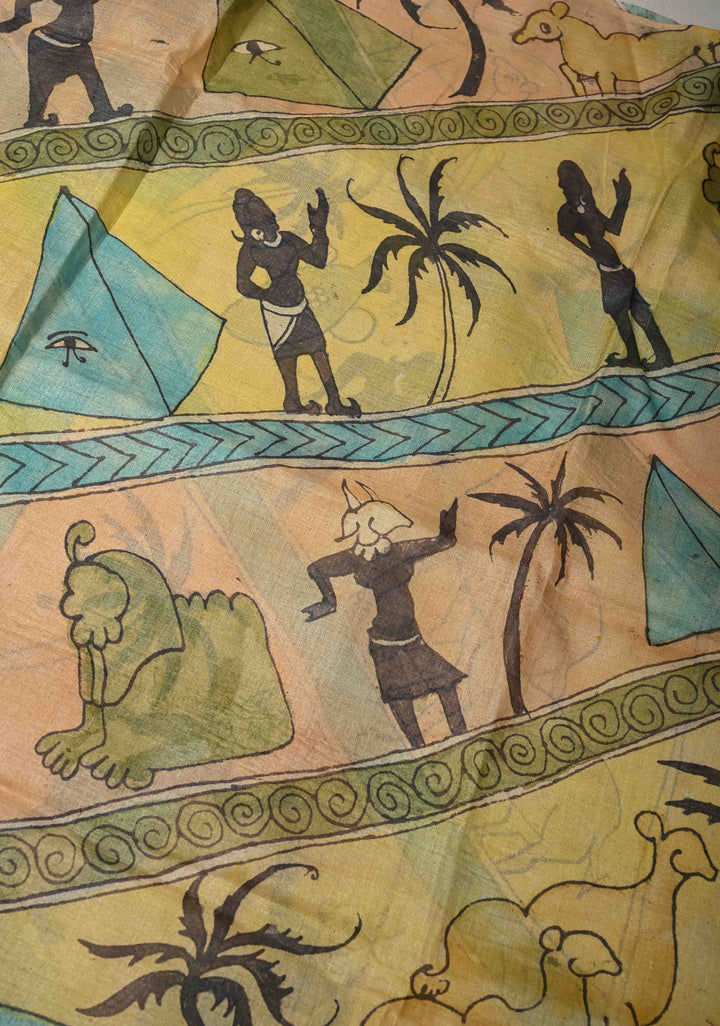DUPATTA : Pyramids of Giza Authentic Pen Kalamkari on Pure Light Weight Tussar Silk Dupatta with