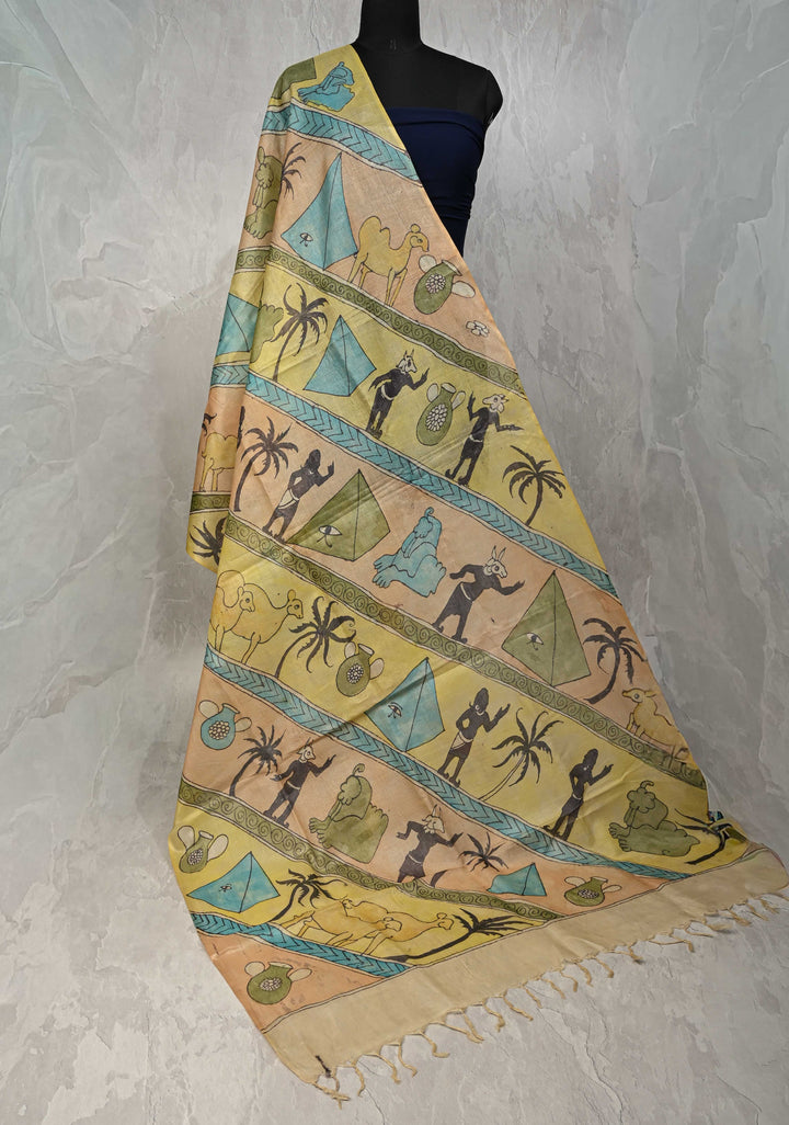 DUPATTA : Pyramids of Giza Authentic Pen Kalamkari on Pure Light Weight Tussar Silk Dupatta with