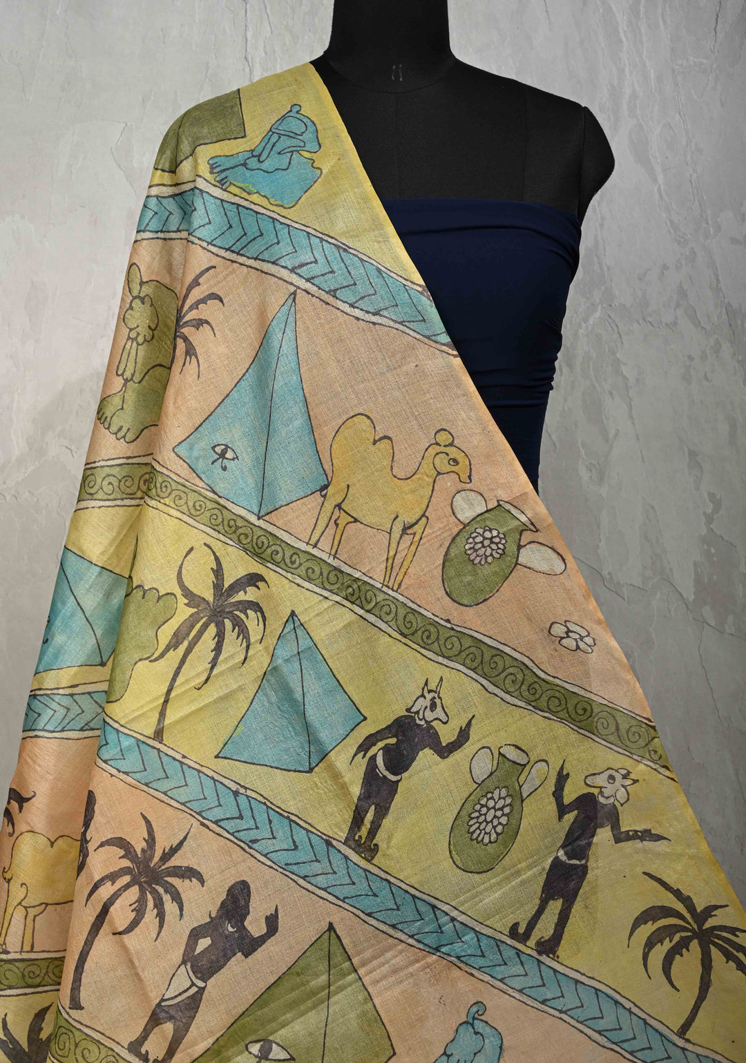 DUPATTA : Pyramids of Giza Authentic Pen Kalamkari on Pure Light Weight Tussar Silk Dupatta with