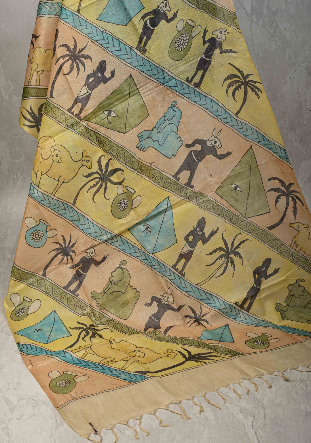 DUPATTA : Pyramids of Giza Authentic Pen Kalamkari on Pure Light Weight Tussar Silk Dupatta with