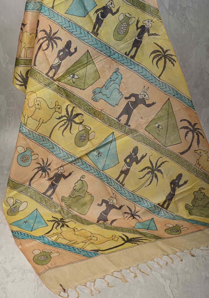 DUPATTA : Pyramids of Giza Authentic Pen Kalamkari on Pure Light Weight Tussar Silk Dupatta with