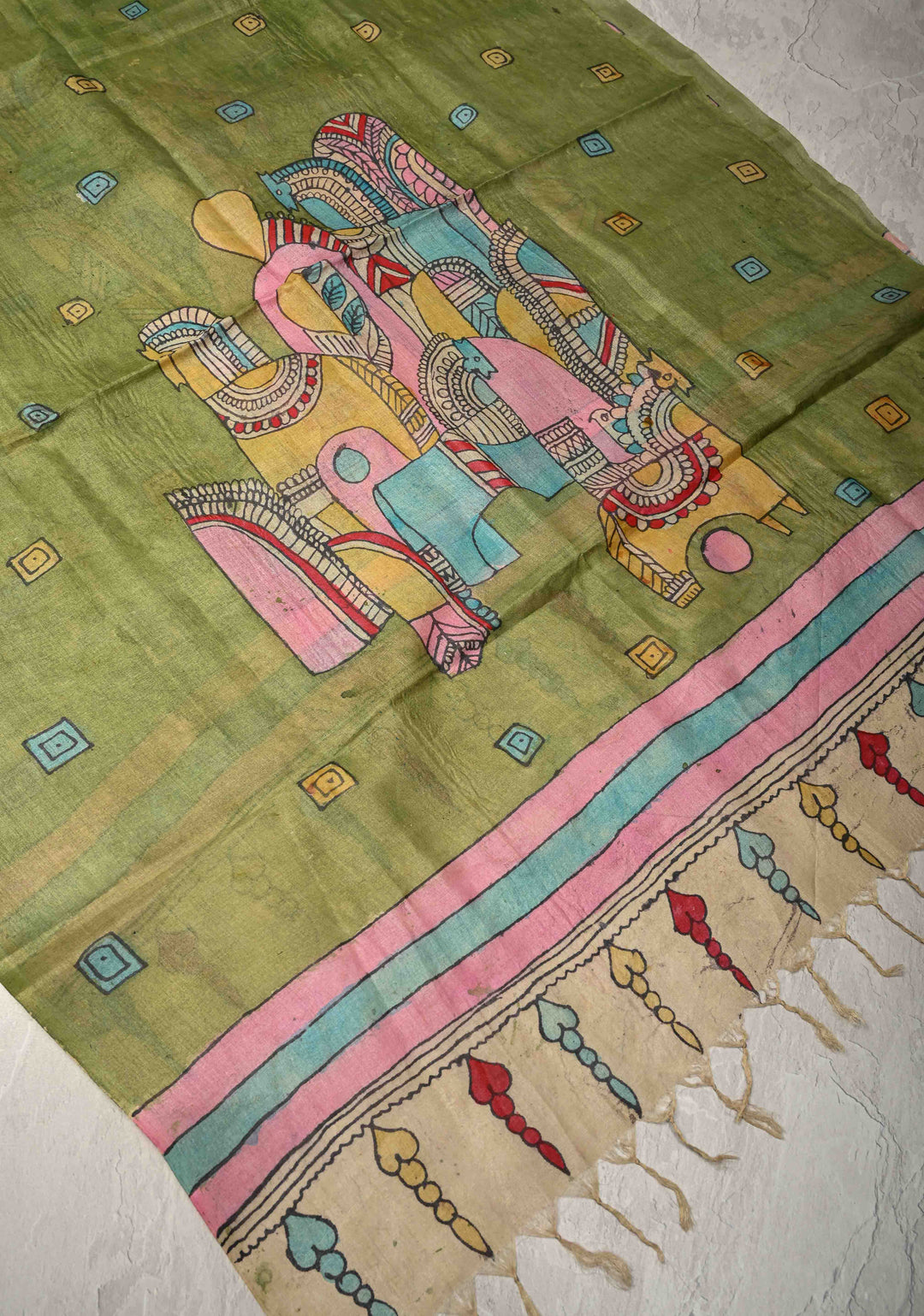 DUPATTA : Sage Green Authentic Pen Kalamkari on Pure Light Weight Tussar Silk Dupatta with Egyptian Theme