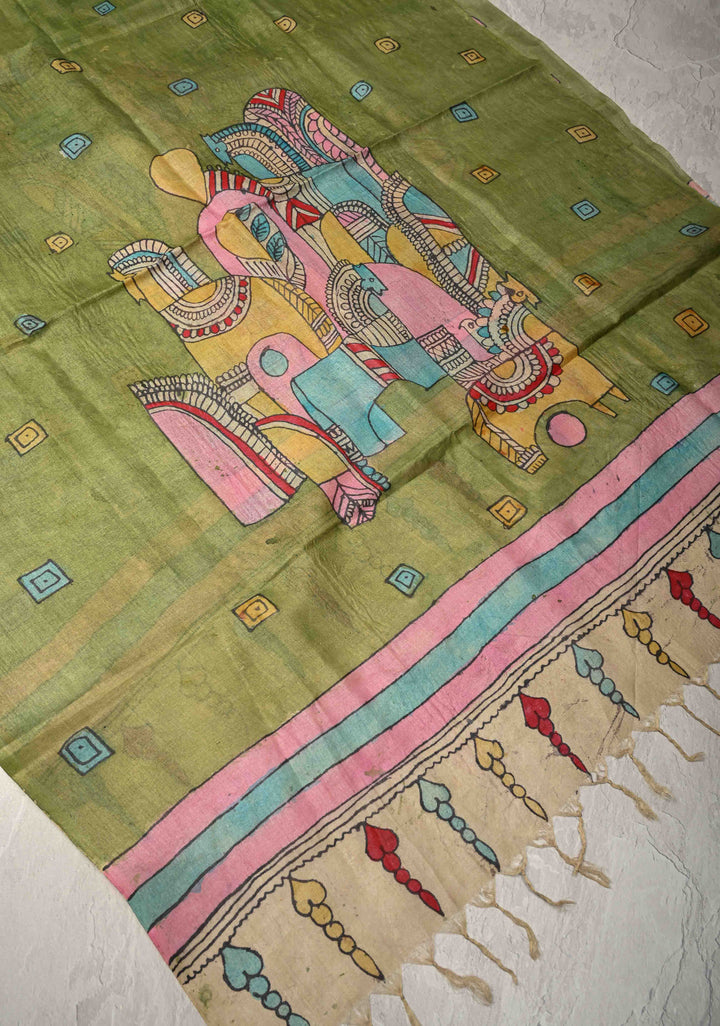 DUPATTA : Sage Green Authentic Pen Kalamkari on Pure Light Weight Tussar Silk Dupatta with Egyptian Theme