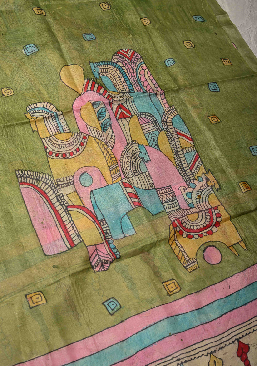 DUPATTA : Sage Green Authentic Pen Kalamkari on Pure Light Weight Tussar Silk Dupatta with Egyptian Theme