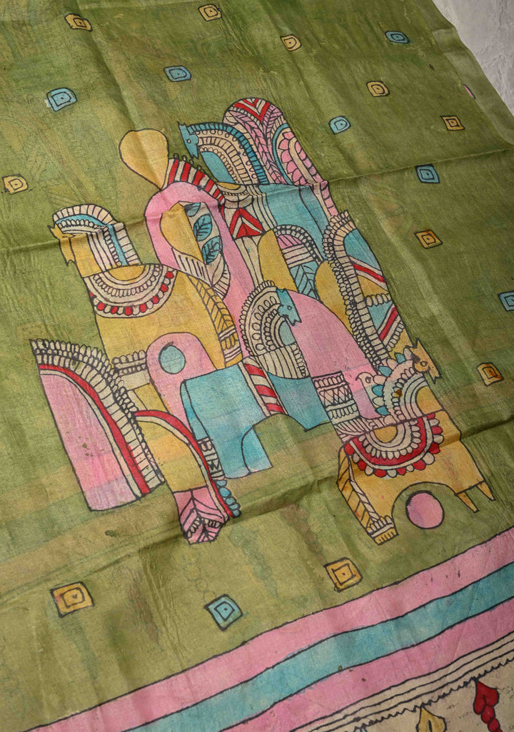 DUPATTA : Sage Green Authentic Pen Kalamkari on Pure Light Weight Tussar Silk Dupatta with Egyptian Theme