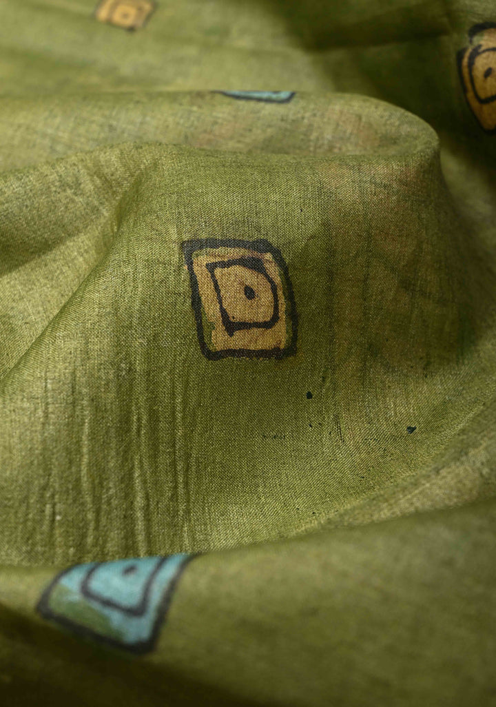 DUPATTA : Sage Green Authentic Pen Kalamkari on Pure Light Weight Tussar Silk Dupatta with Egyptian Theme