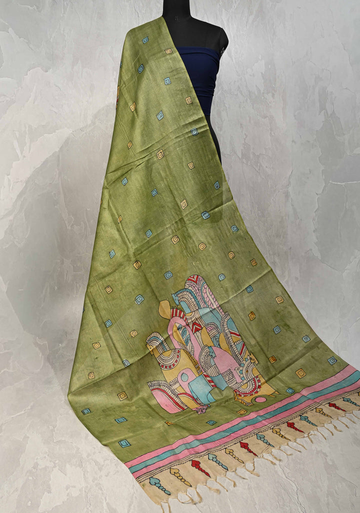 DUPATTA : Sage Green Authentic Pen Kalamkari on Pure Light Weight Tussar Silk Dupatta with Egyptian Theme