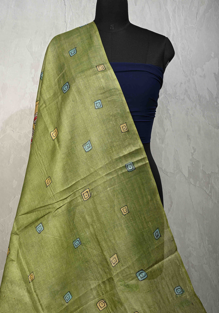 DUPATTA : Sage Green Authentic Pen Kalamkari on Pure Light Weight Tussar Silk Dupatta with Egyptian Theme