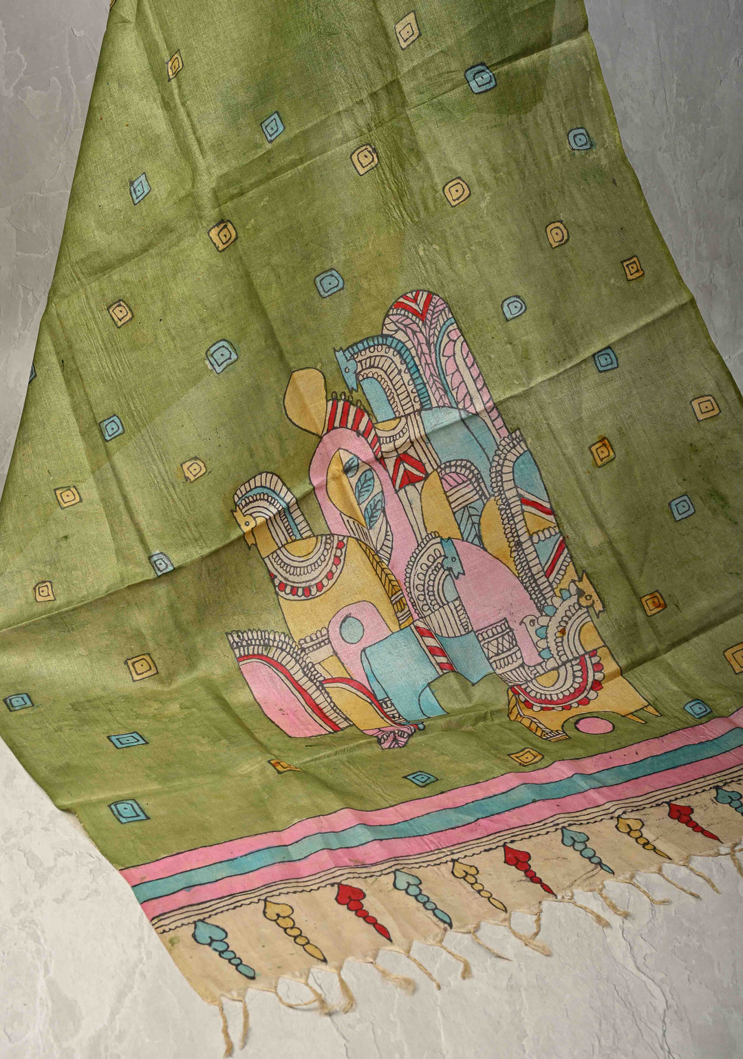 DUPATTA : Sage Green Authentic Pen Kalamkari on Pure Light Weight Tussar Silk Dupatta with Egyptian Theme