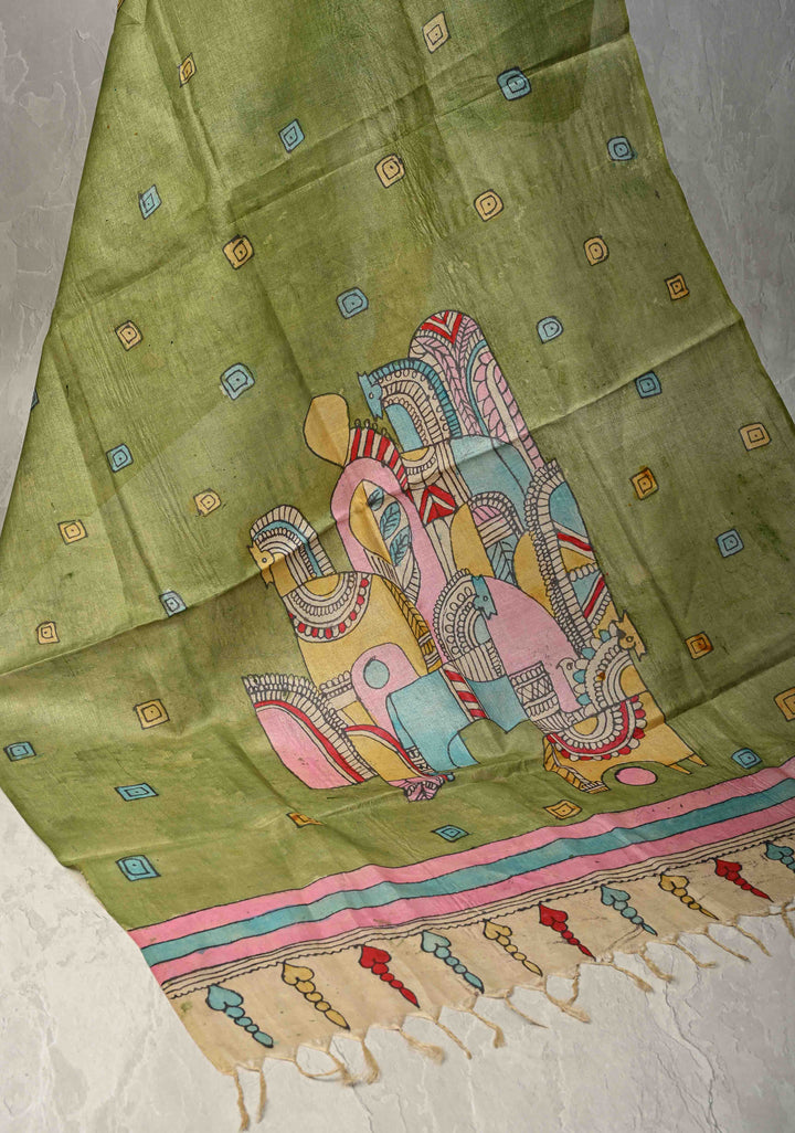 DUPATTA : Sage Green Authentic Pen Kalamkari on Pure Light Weight Tussar Silk Dupatta with Egyptian Theme