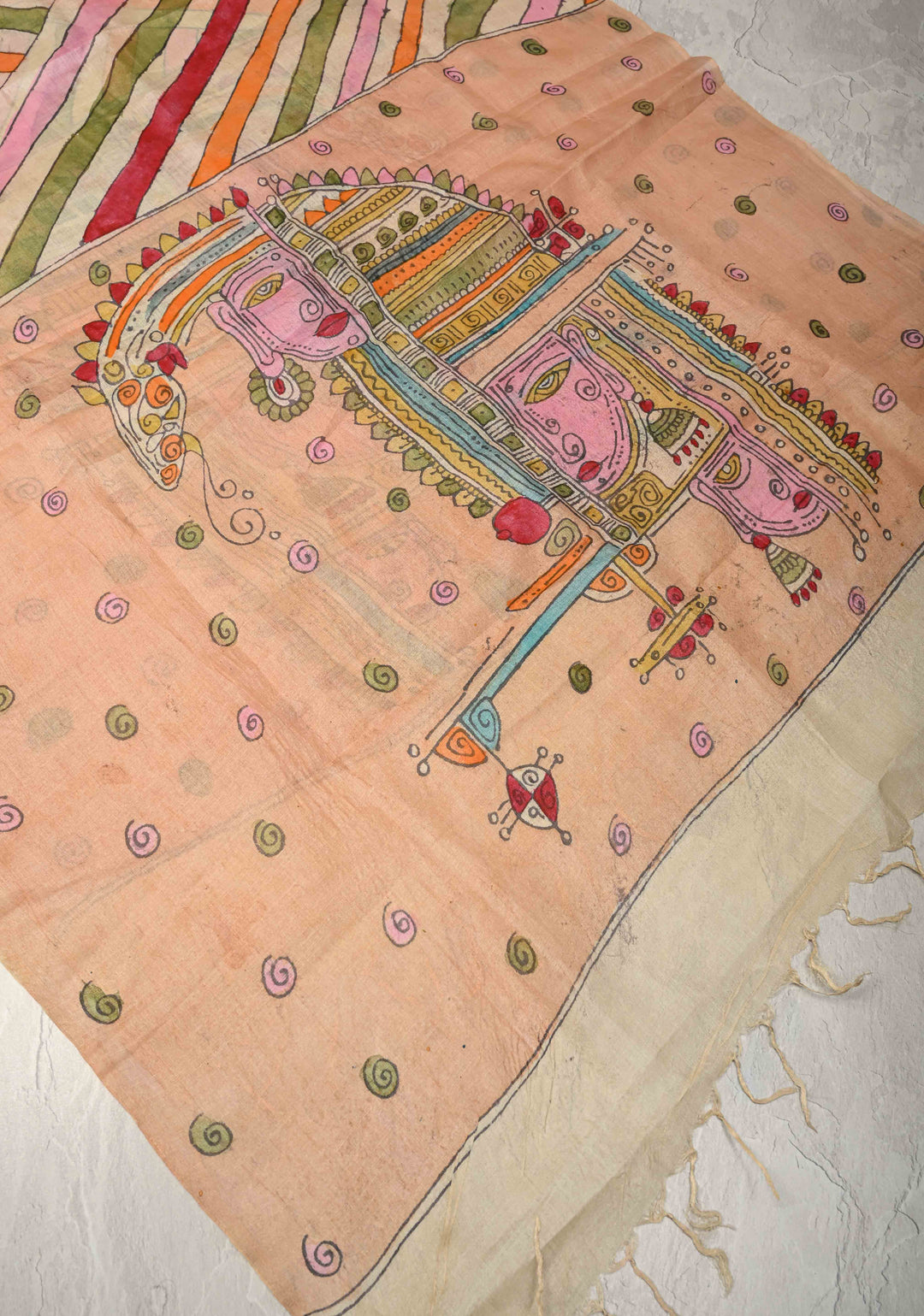 DUPATTA : Egyptian Theme Sandstone Authentic Pen Kalamkari on Pure Light Weight Tussar Silk
