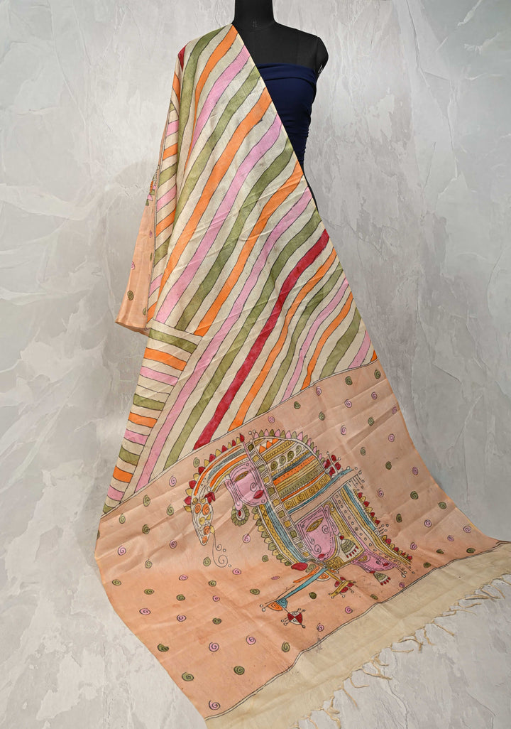 DUPATTA : Egyptian Theme Sandstone Authentic Pen Kalamkari on Pure Light Weight Tussar Silk