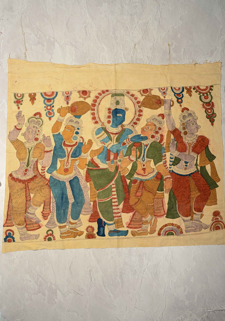 31 x 44 Vishnu Pacify Lakshmi Theme : Off White Authentic Pen Kalamkari Wall Mural on Cotton, Unframed