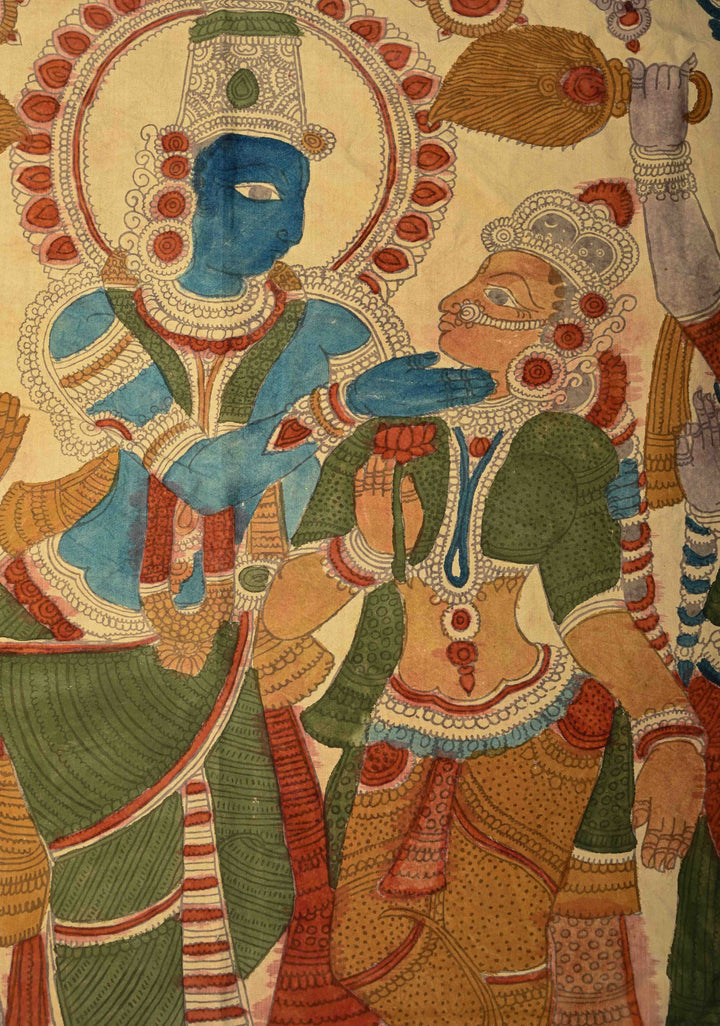 31 x 44 Vishnu Pacify Lakshmi Theme : Off White Authentic Pen Kalamkari Wall Mural on Cotton, Unframed
