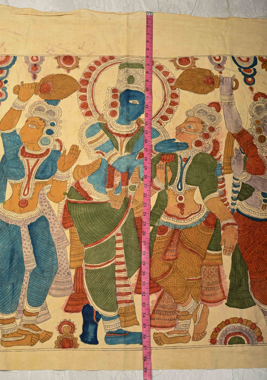 31 x 44 Vishnu Pacify Lakshmi Theme : Off White Authentic Pen Kalamkari Wall Mural on Cotton, Unframed