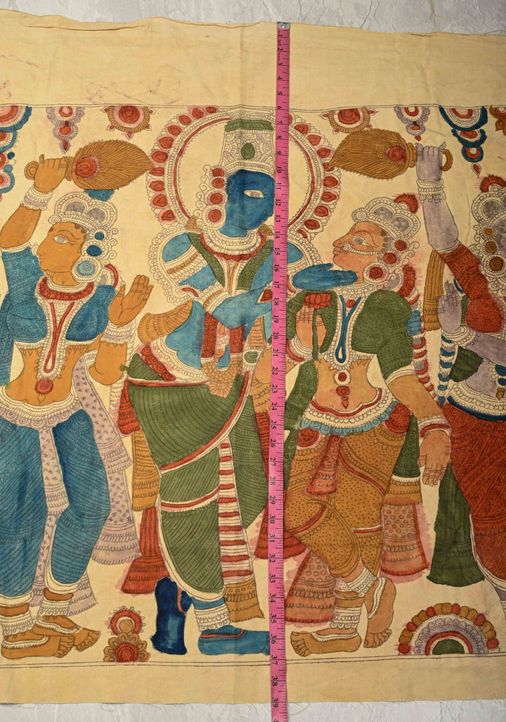 31 x 44 Vishnu Pacify Lakshmi Theme : Off White Authentic Pen Kalamkari Wall Mural on Cotton, Unframed